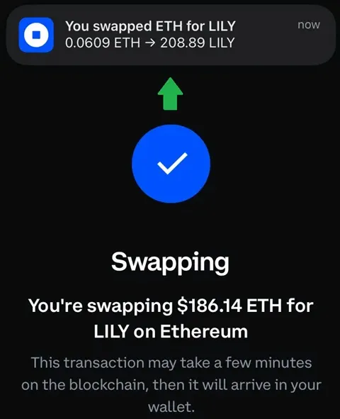 lily coinbase wallet guide swap notification